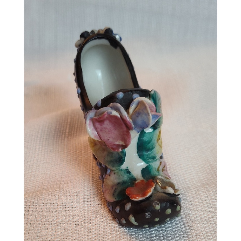 Vintage‎ Miniature Porcelain Shoe Black with White Polka Dots and Flowers